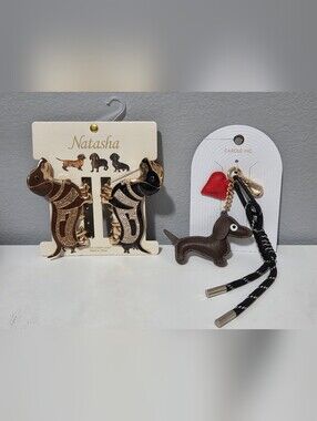 Bundle - Natasha Black & Gold Dachshund Brooch with Rhinestones & Dog Bag Charm